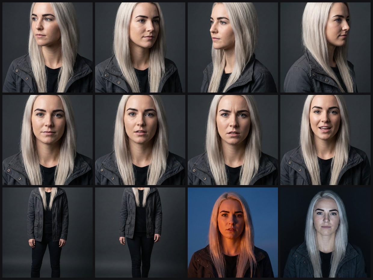 Twelve-shot character reference pack: turns, profiles, expressions, full body and lighting variants