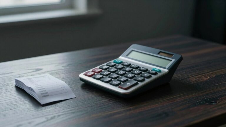 A desk calculator beside a stack of receipts on a dark desk