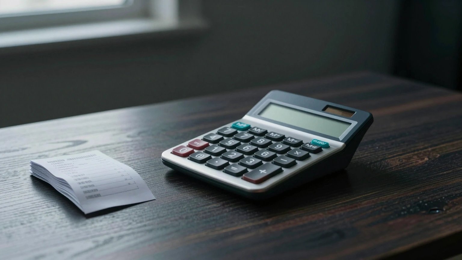 A desk calculator beside a stack of receipts on a dark desk