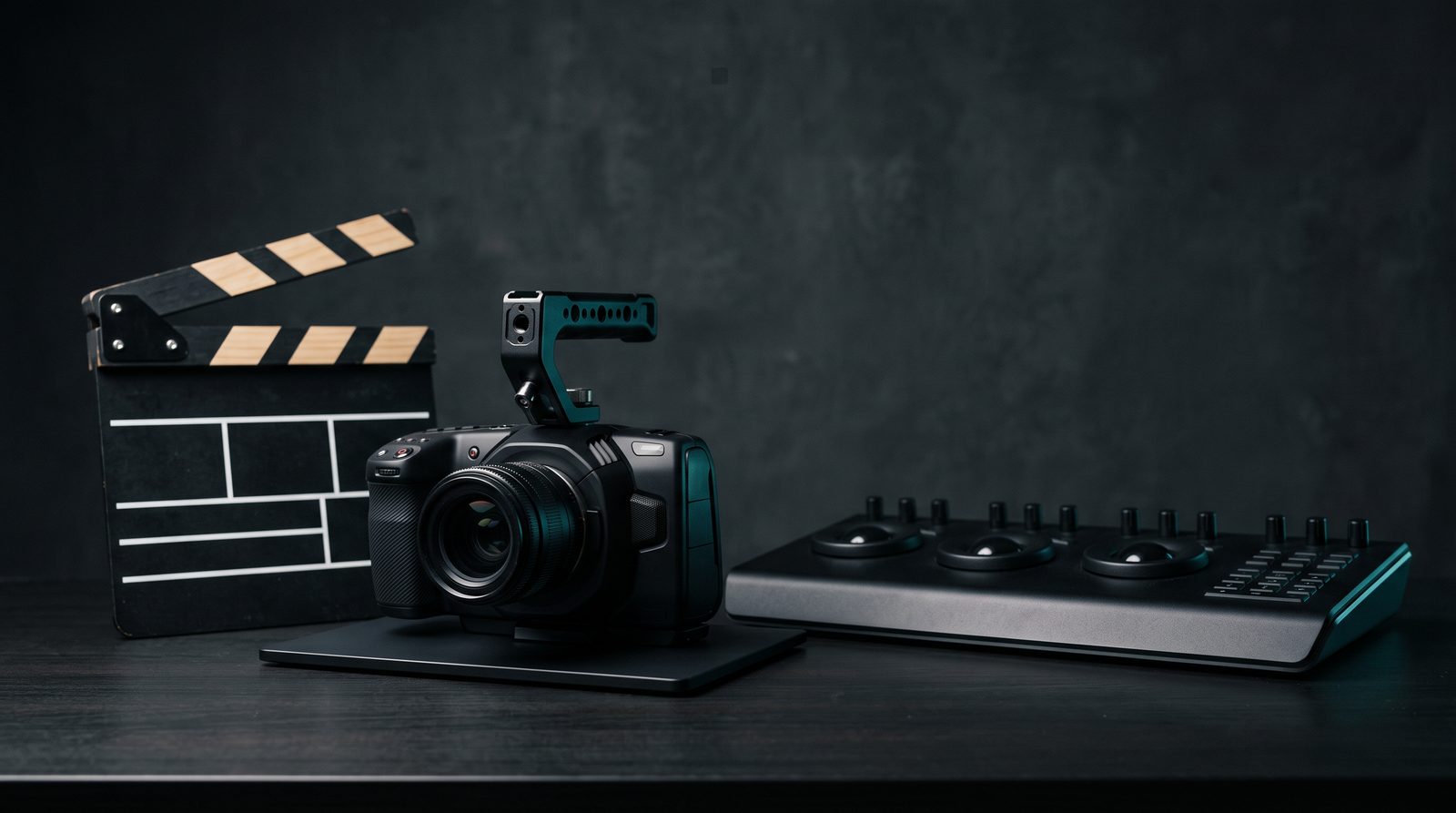 A small cinema camera and clapperboard beside a colour-grading control surface