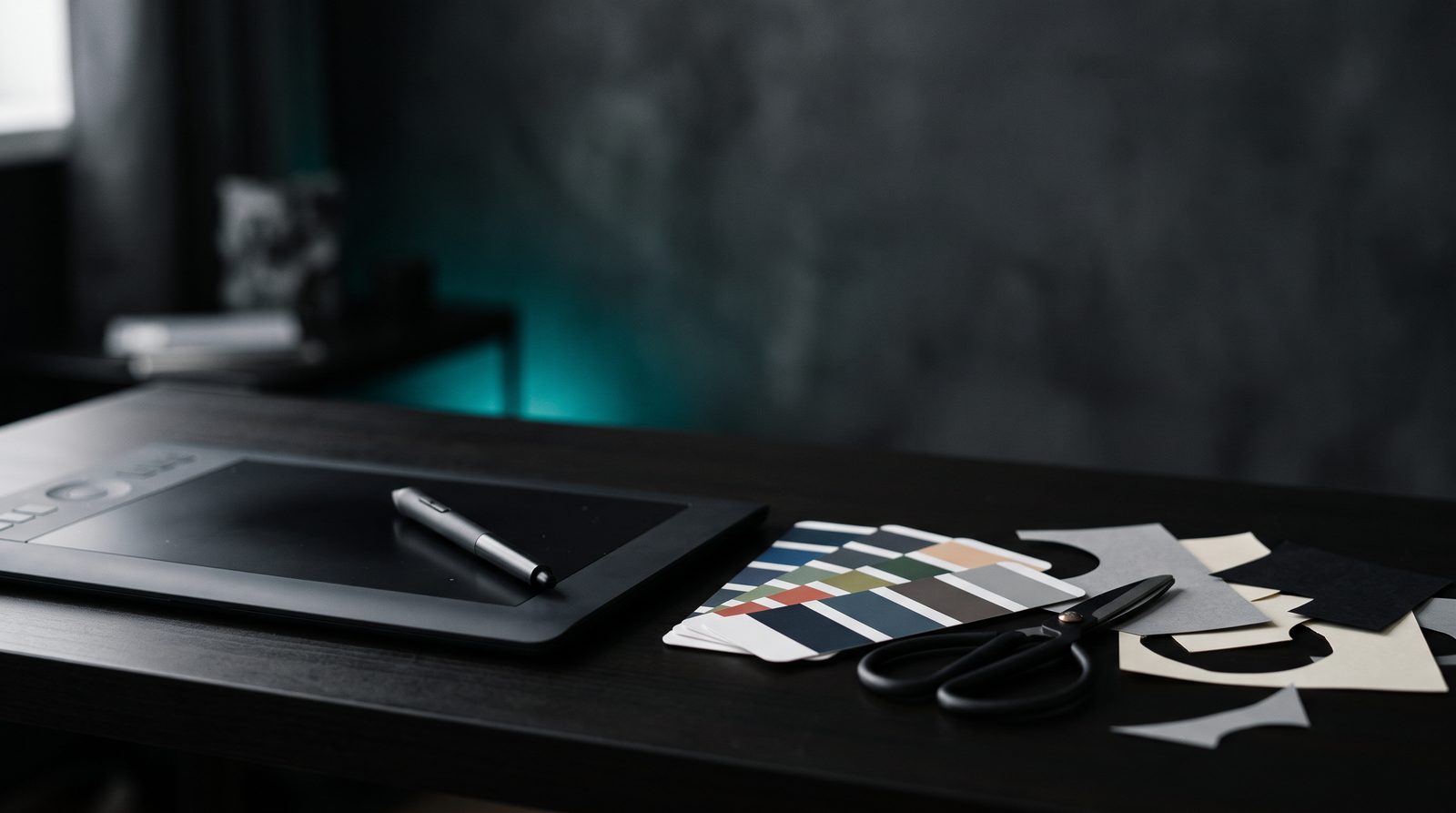 A stylus resting on a drawing tablet with colour swatch cards fanned out on a dark desk