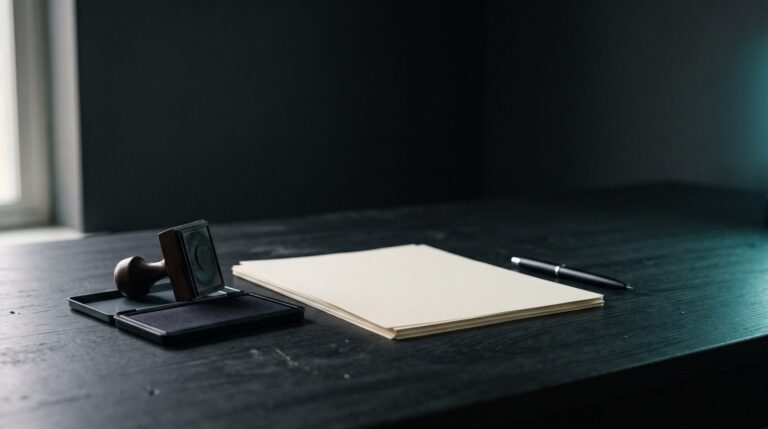 A rubber stamp and ink pad beside business paperwork on a dark desk