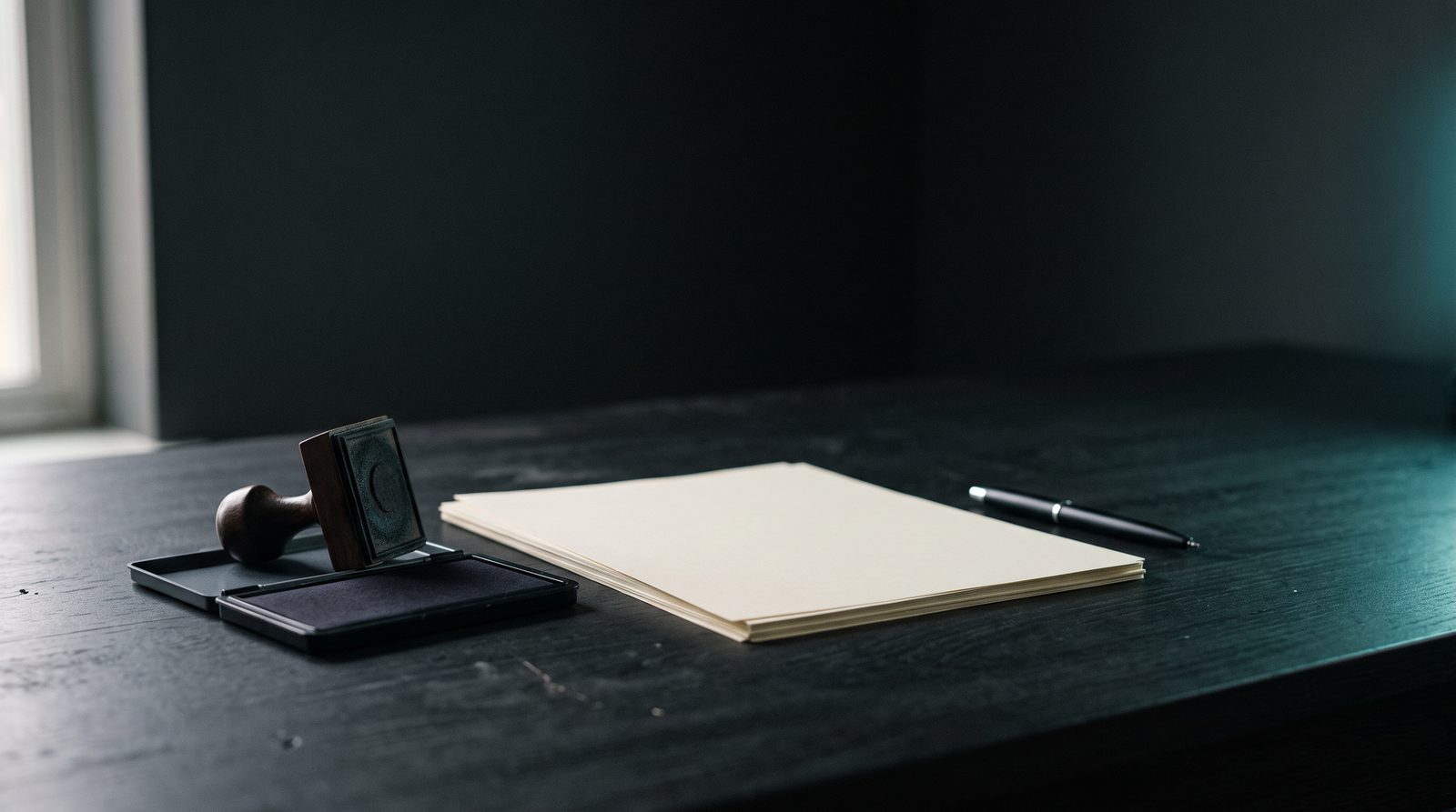 A rubber stamp and ink pad beside business paperwork on a dark desk