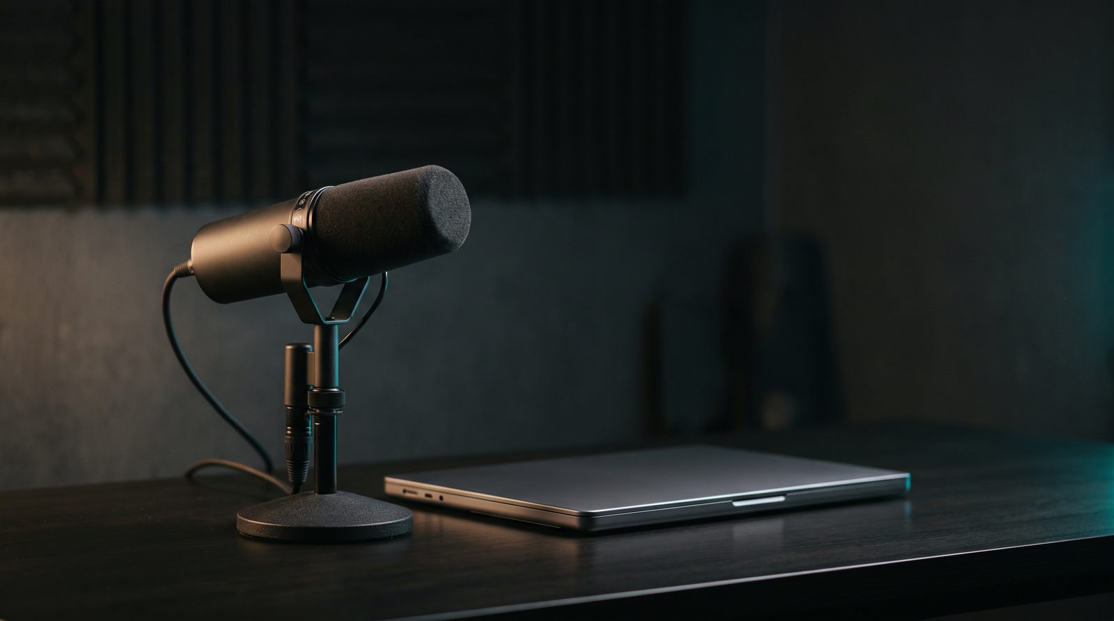 A studio microphone lit on a dark desk next to a closed laptop, suggesting speaking rather than typing