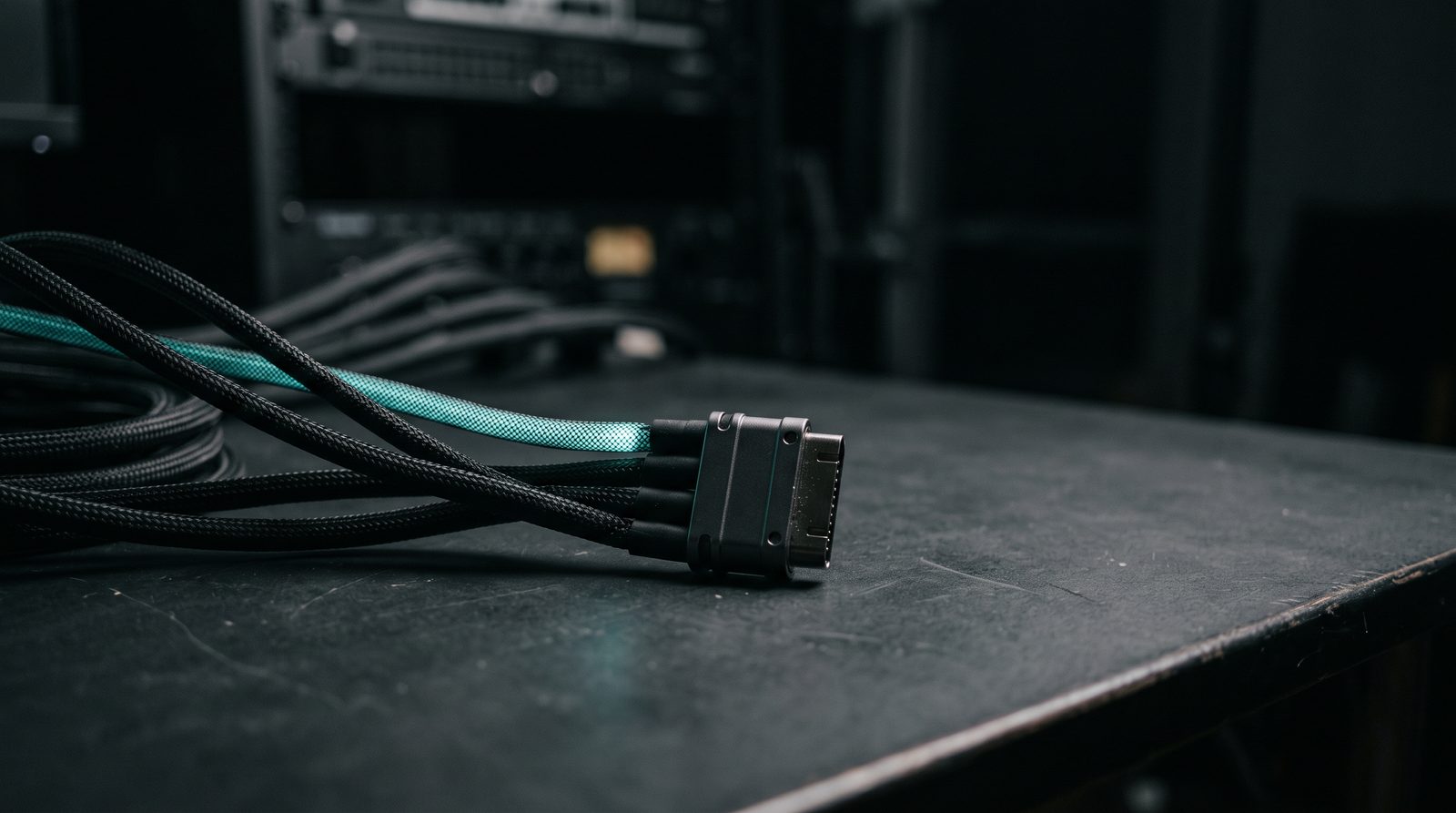 Several braided cables running together into one connector on a dark desk